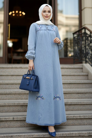 Embroidery Detailed Blue Modest Denim Dress 19171M 