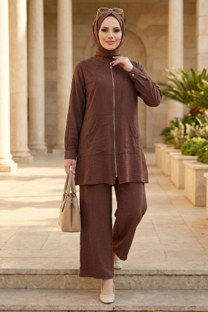 Embroidery Detailed Brown Keten Modest Set 32101KH 