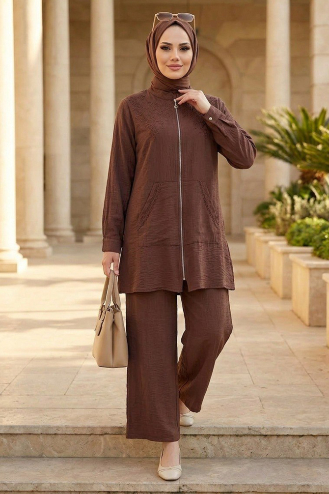 Embroidery Detailed Brown Keten Modest Set 32101KH - 1