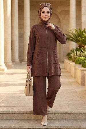 Embroidery-Detail Brown Linen Modest Set 32101KH - 1