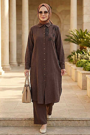 Embroidery Detailed Brown Keten Modest Set 32102KH 