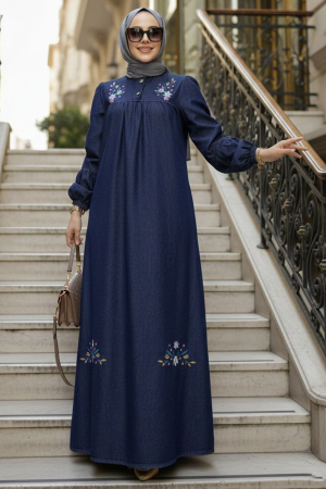 Embroidery Detailed Navy Blue Modest Denim Dress 19171L - 1