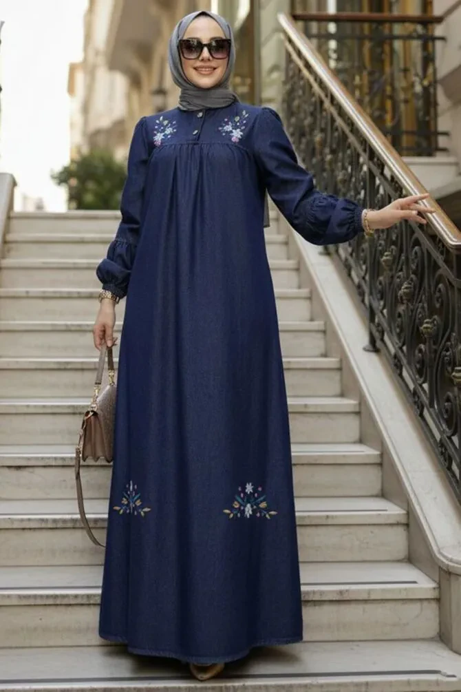Embroidery Detailed Navy Blue Modest Denim Dress 19171L - 1
