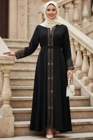 Embroidery embroidered Black Modest Abaya 26106S - 1