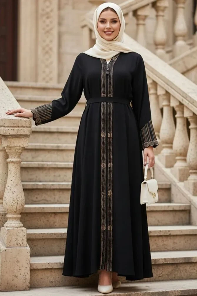 Embroidery embroidered Black Modest Abaya 26106S - 1