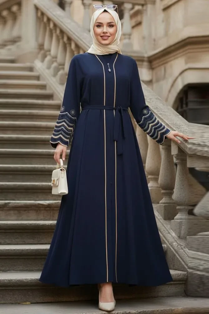Embroidery embroidered Dark Navy Blue Modest Abaya 26103KL - 1