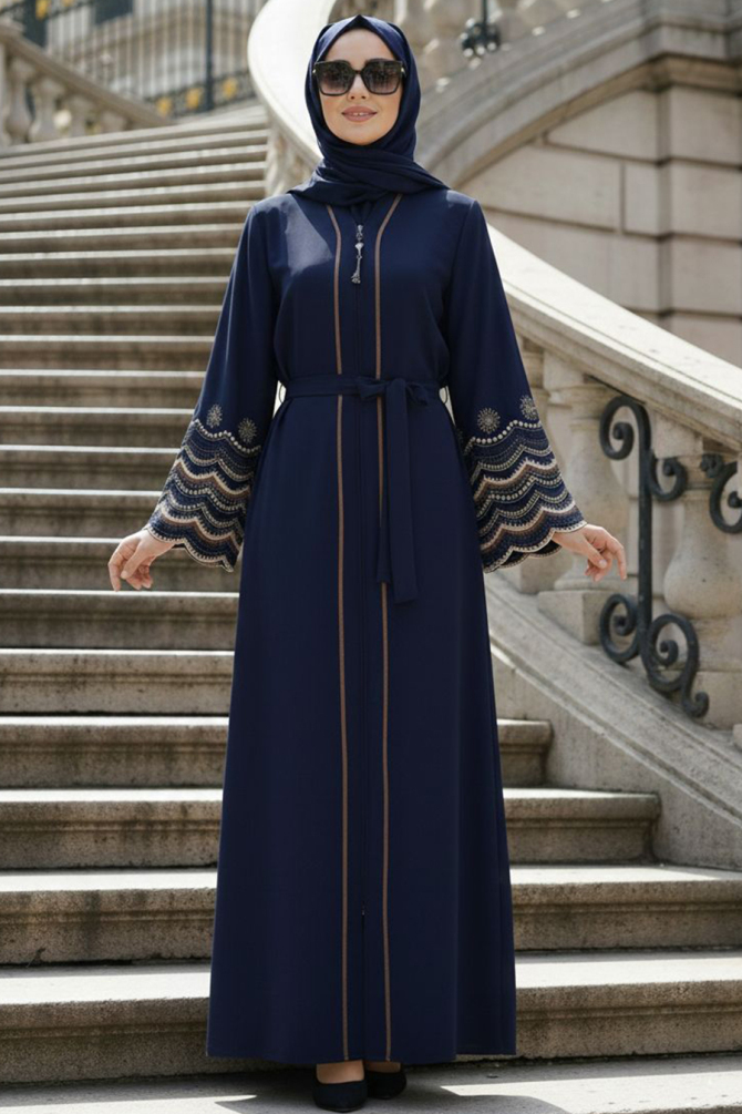 Embroidery embroidered Navy Blue Modest Abaya 26103L - 1