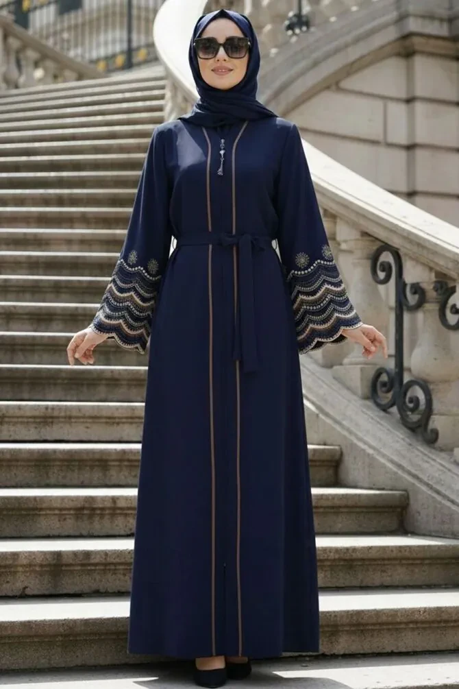Embroidery embroidered Navy Blue Modest Abaya 26103L - 1