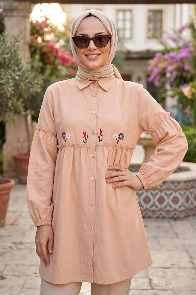 Embroidery Patterned Beige Modest Tunic 40603BEJ - 1