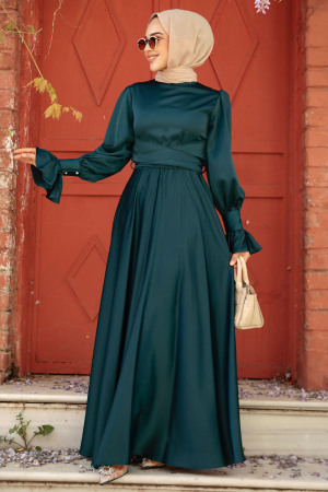 Emerald Green Satin Modest Evening Gown 5983ZY - 2