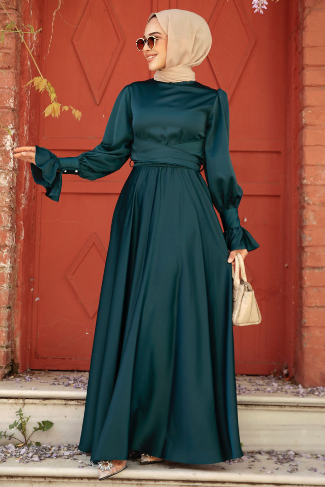 Emerald Green Satin Modest Evening Gown 5983ZY - 2