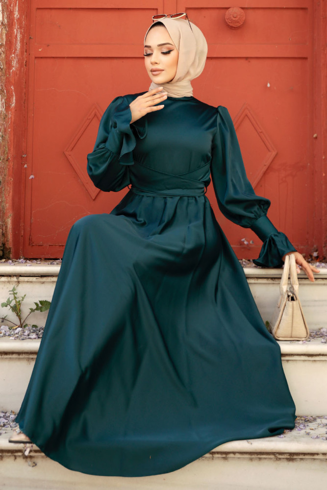 Emerald Green Satin Modest Evening Gown 5983ZY - 3