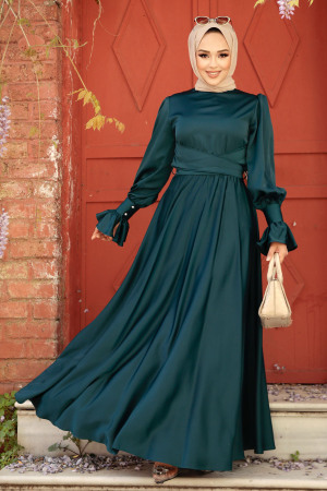 Emerald Green Satin Modest Evening Gown 5983ZY - 1