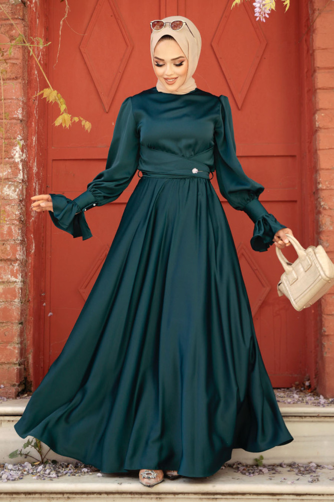 Emerald Green Satin Modest Evening Gown 5983ZY - 4