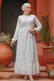 Etek Ucu Volanlı Beyaz Tesettür Elbise 22663B - Thumbnail
