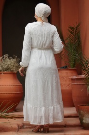 Etek Ucu Volanlı Beyaz Tesettür Elbise 22663B - Thumbnail