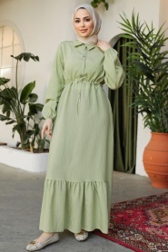 Etek Ucu Volanlı Fıstık Yeşili Tesettür Elbise 23181FY - Thumbnail