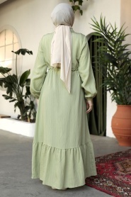 Etek Ucu Volanlı Fıstık Yeşili Tesettür Elbise 23181FY - Thumbnail