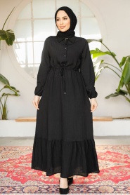 Etek Ucu Volanlı Siyah Tesettür Elbise 23181S - Thumbnail