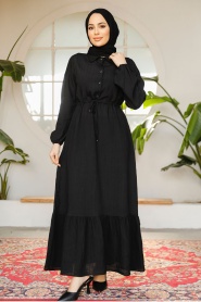 Etek Ucu Volanlı Siyah Tesettür Elbise 23181S - Thumbnail