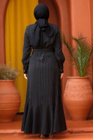 Çizgili Siyah Tesettür Elbise 51911S - Thumbnail