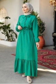 Etek Ucu Volanlı Yeşil Tesettür Elbise 23181Y - Thumbnail