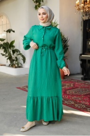 Etek Ucu Volanlı Yeşil Tesettür Elbise 23181Y - Thumbnail