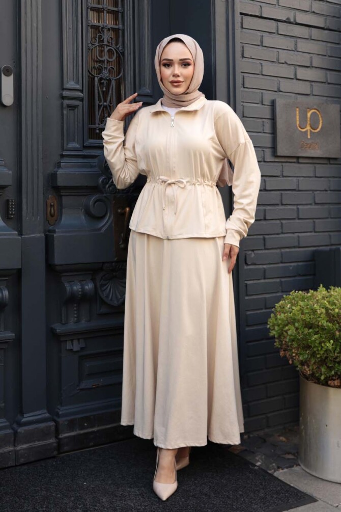 Etekli Bej Tesettür İkili Takım 13251BEJ - 2