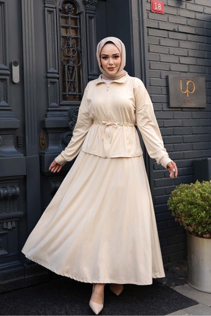 Etekli Bej Tesettür İkili Takım 13251BEJ - N.S NEVA STYLE