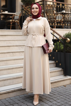 Etekli Bej Tesettür İkili Takım 13251BEJ 