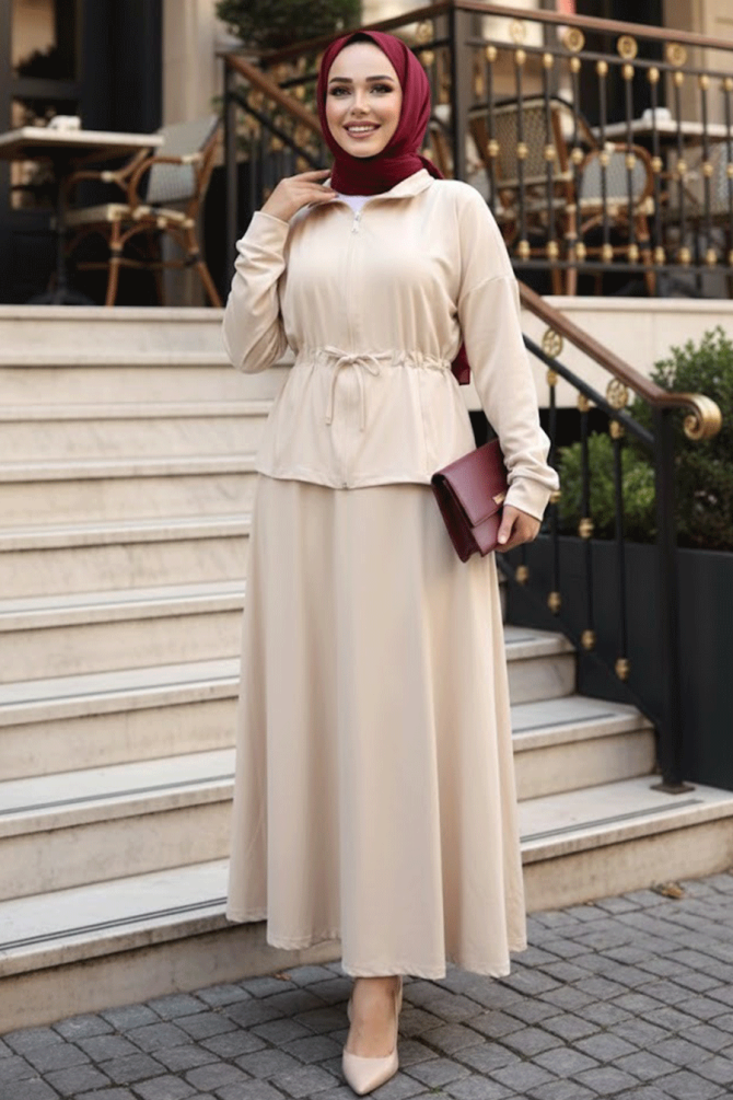Etekli Bej Tesettür İkili Takım 13251BEJ - 1