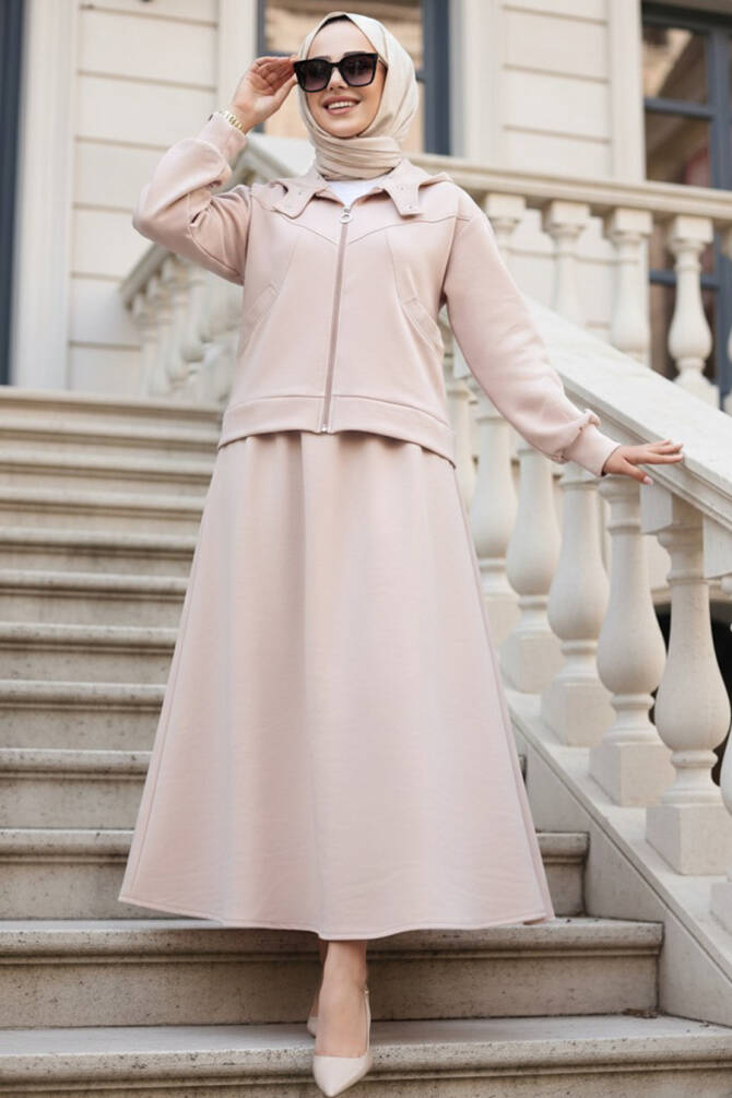 Etekli Bej Tesettür Modal İkili Takım 56781BEJ - 1