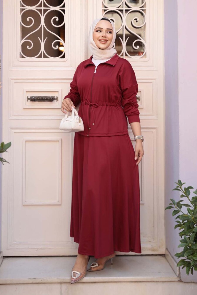 Etekli Bordo Tesettür İkili Takım 13251BR - 2