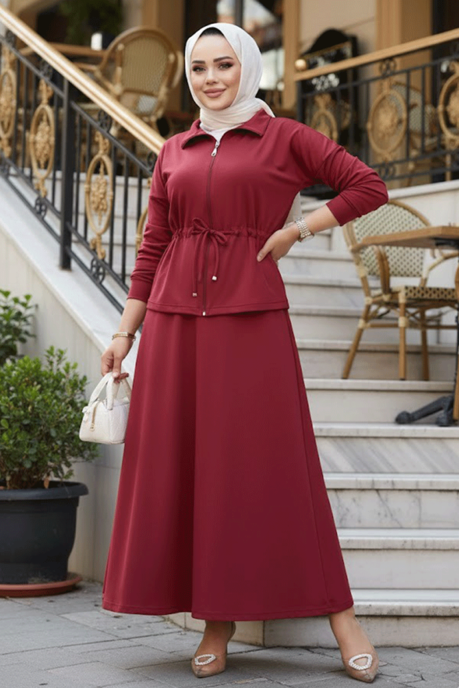 Etekli Bordo Tesettür İkili Takım 13251BR - 1