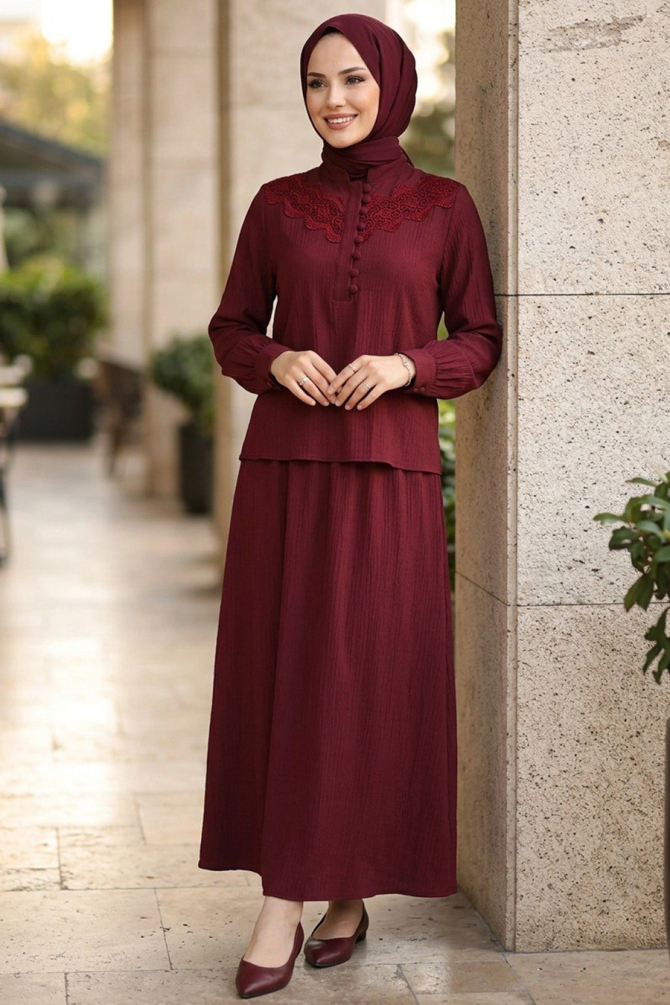 Etekli Bordo Tesettür İkili Takım 20364BR - N.S NEVA STYLE