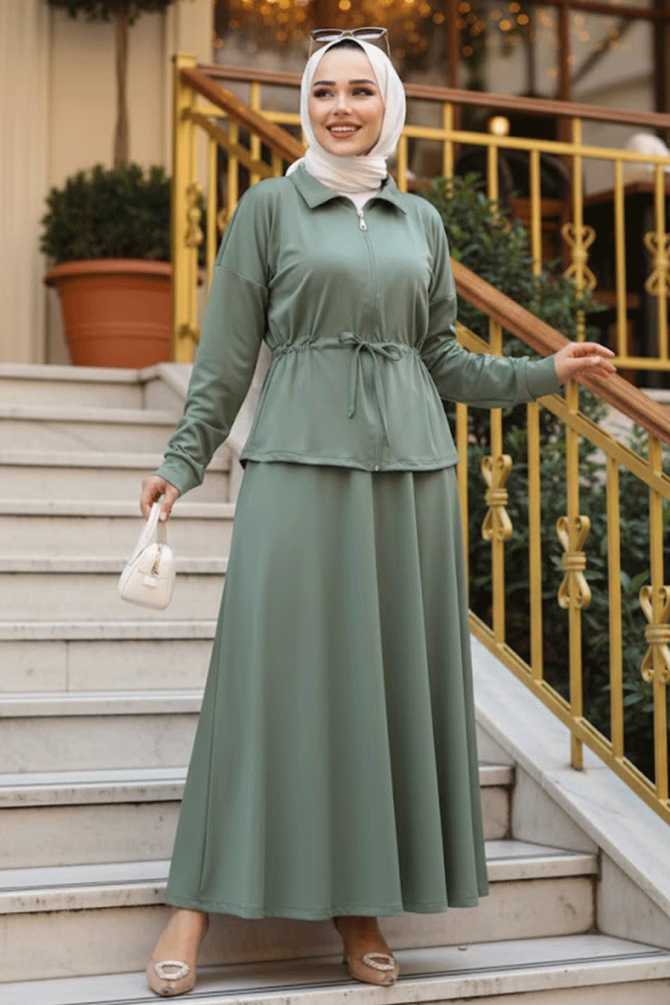 Etekli Çağla Yeşili Tesettür İkili Takım 13251CY - 1