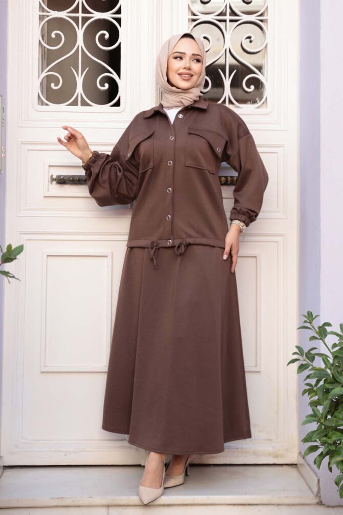 Etekli Kahverengi Tesettür Modal İkili Takım 56731KH - 1