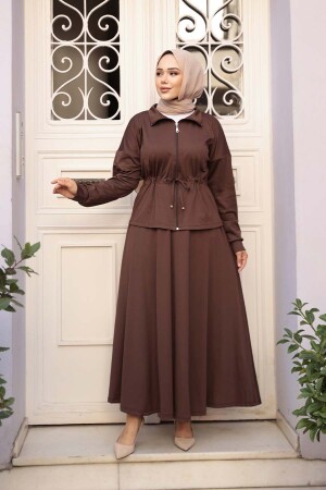 Etekli Koyu Kahverengi Tesettür İkili Takım 13251KKH - 3