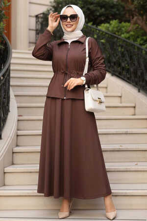Etekli Koyu Kahverengi Tesettür İkili Takım 13251KKH 