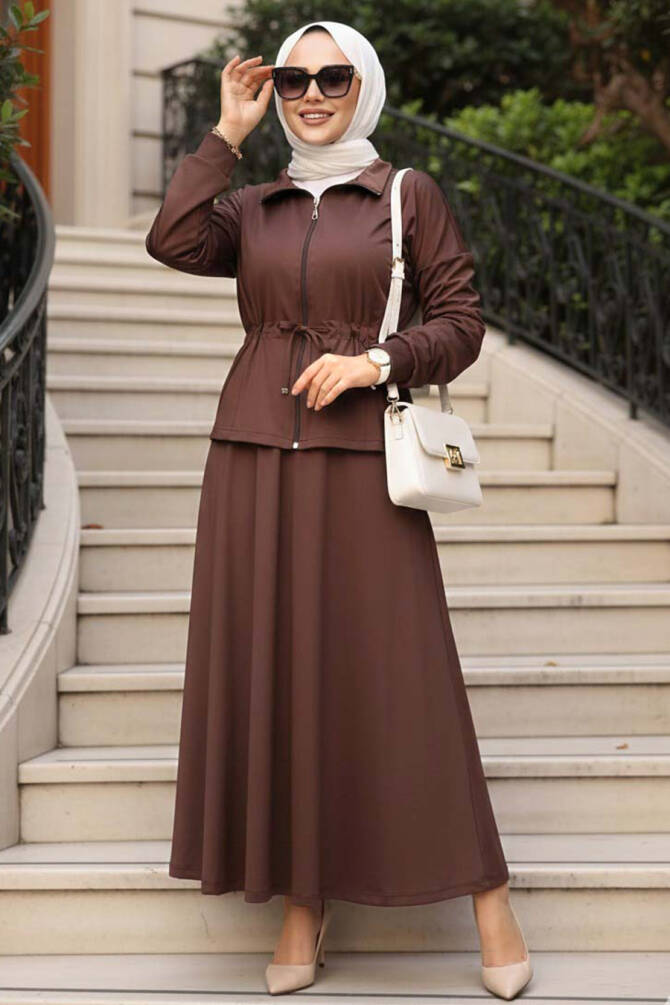 Etekli Koyu Kahverengi Tesettür İkili Takım 13251KKH - 1