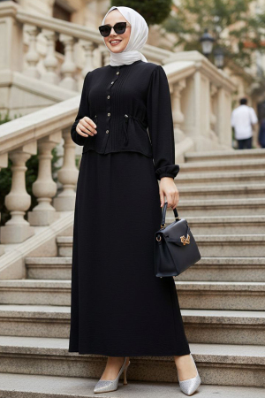 Etekli Siyah Tesettür İkili Takım 20239S - 1