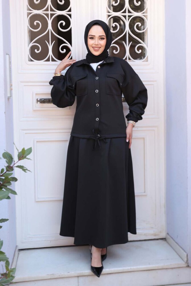 Etekli Siyah Tesettür Modal İkili Takım 56731S - N.S NEVA STYLE