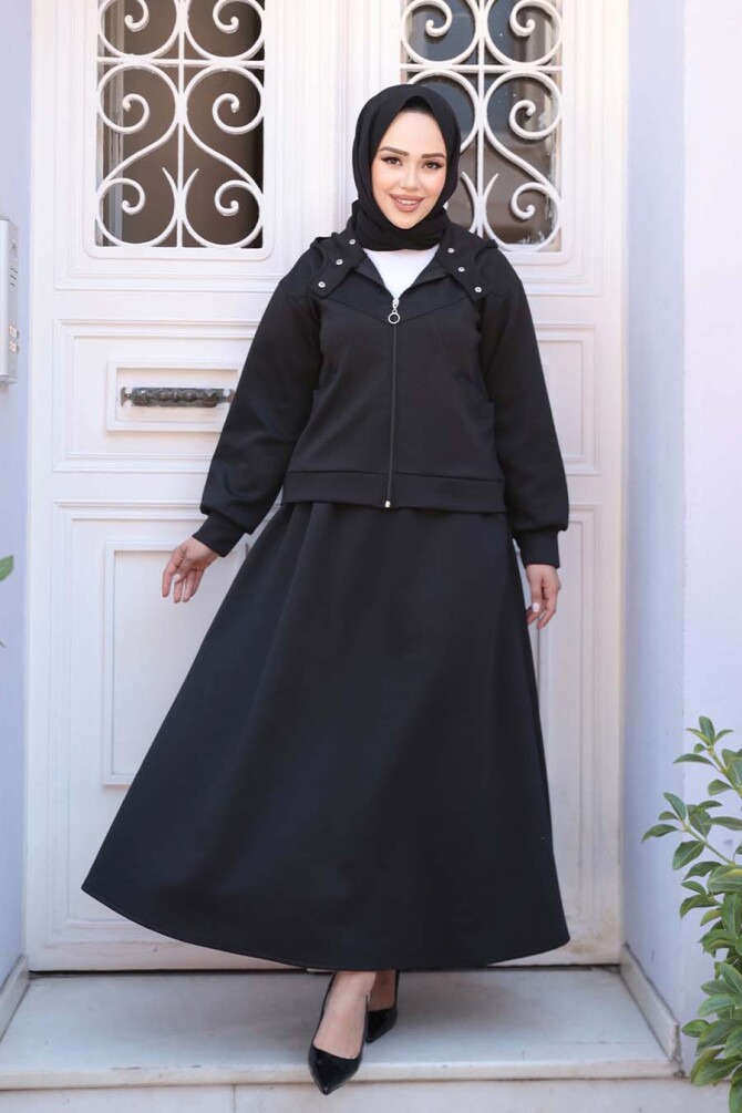 Etekli Siyah Tesettür Modal İkili Takım 56781S - N.S NEVA STYLE