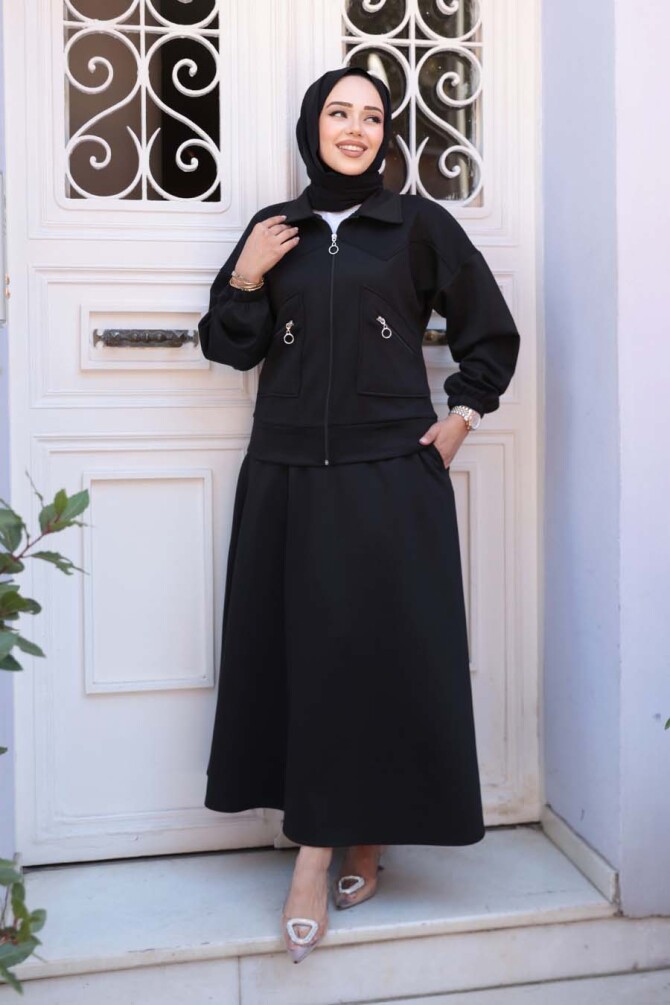 Etekli Siyah Tesettür Modal İkili Takım 56812S - 2