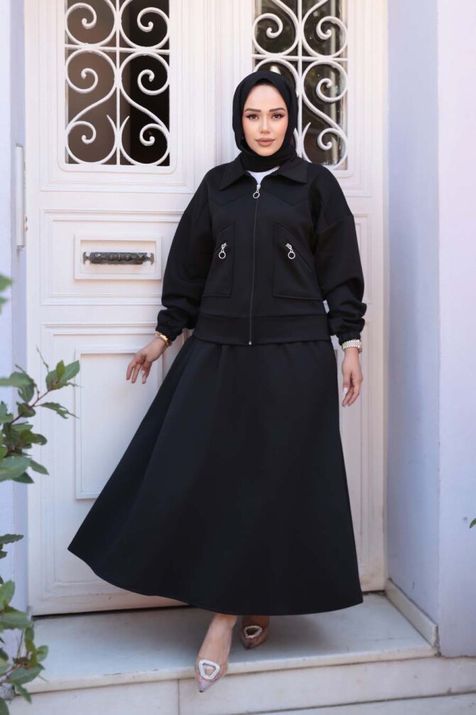 Etekli Siyah Tesettür Modal İkili Takım 56812S - N.S NEVA STYLE