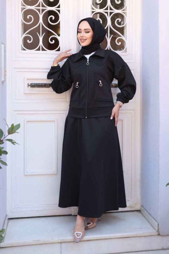 Etekli Siyah Tesettür Modal İkili Takım 56812S - 3