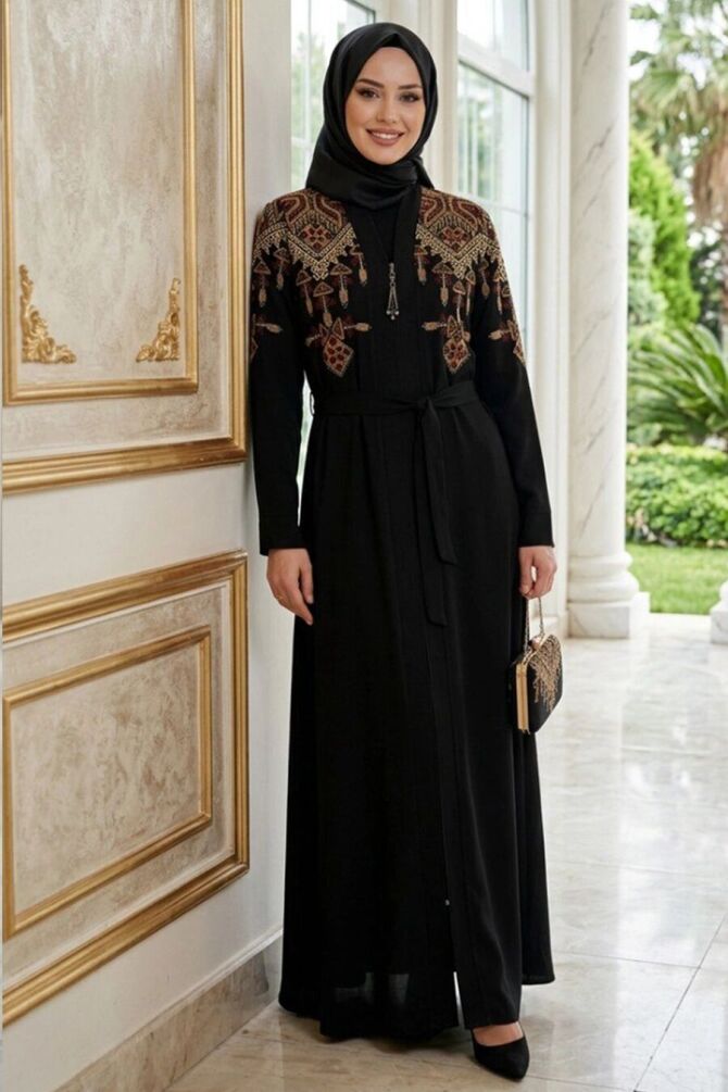 Ethnic Embroidery-Detail Belted Black Modest Abaya 29144S - 1