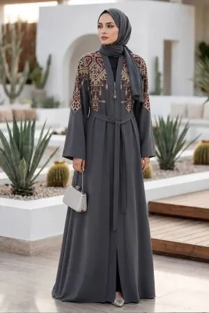 Ethnic Embroidery-Detail Belted Charcoal Modest Abaya 29144FU 