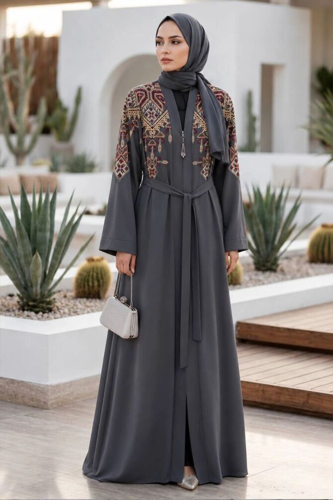 Ethnic Embroidery-Detail Belted Charcoal Modest Abaya 29144FU - 1