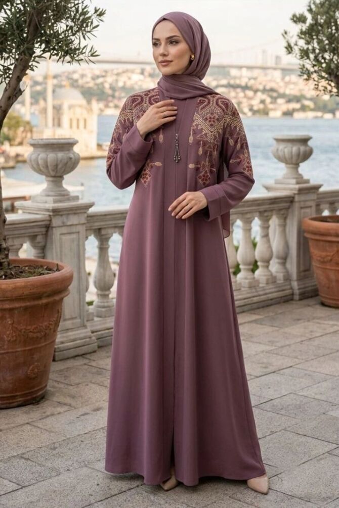 Ethnic Embroidery-Detail Belted Dusty Rose Modest Abaya 29144GK - 1